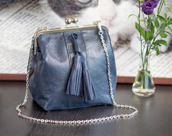Blue leather handbag Leather bag Evening handbag Small leather purse Small leather bag Mini bag Leather bag women Frame bag Cute handbag