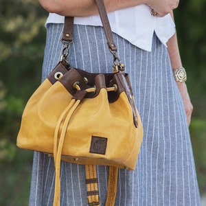 Yellow bag Drawstring bag Leather bucket bag Leather crossbody bag  Bucket bag Handbag Leather shoulder bag Leather bag women Women bags