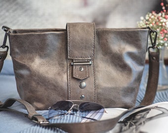 Gray leather bag  Baguette bag Gray Leather Purse Messenger bag Leather crossbody bag Small leather bag Mini bag Leather bag women