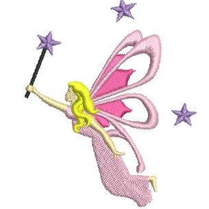 May include: A pink fairy with blonde hair and wings flies with a wand and stars in the background.