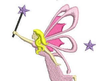 May include: A pink fairy with blonde hair and wings flies with a wand and stars in the background.
