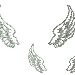 May include: Four white angel wings in different sizes. The wings are outlined in a light gray color.