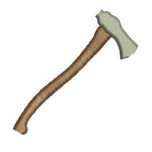 May include: A wooden-handled axe with a gray metal head. The axe is a traditional tool used for chopping wood.