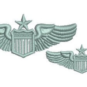 May include: Two silver embroidered pilot wings with a star and shield design. The larger wings are for a senior pilot and the smaller wings are for a junior pilot.