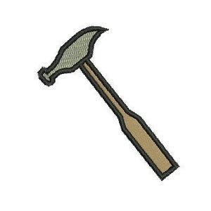 May include: A simple black line drawing of a hammer with a brown wooden handle.