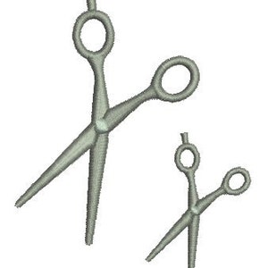 May include: Two pairs of silver scissors, one larger than the other, are shown against a white background.