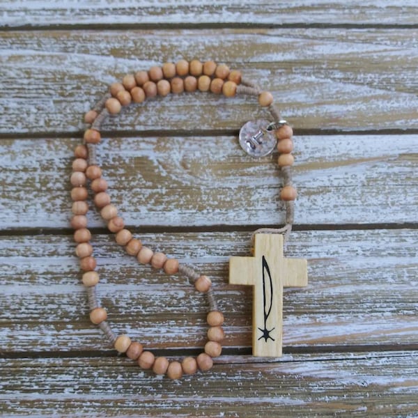 Small Rosary. Simple Corded Rosary. PAX wooden rosary. Personalized Rosery. Baptism Gift. Gift for Godmother. Baptism Gift. Pocket Rosasy.