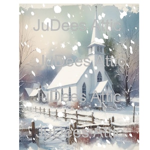 Vintage Farmhouse Snowy Country Church PNG, Instant Download, Printable, Sublimation Decoupage Cans Labels, Junk journal pages