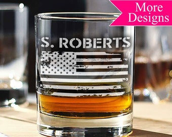 Engraved Whiskey Glass: Personalized American Flag Rocks Glass