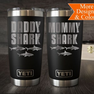 Daddy Shark Yeti Tumbler, Mommy Shark Coffee Mug, Mothers Day Gift, Fathers Day Gift, Travel Mug, New Mom Gift, New Dad Gift, Baby Shark