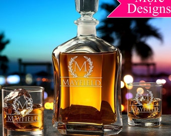 Decanter Set With Glasses, Bourbon Glasses, Bourbon Lover Gift, Engraved Glass Whiskey Decanter, Monogram Glass Decanter, Dad Gift