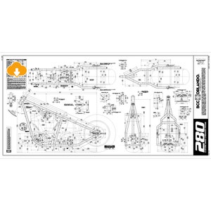 May include: Black and white technical drawing of a motorcycle frame with detailed measurements. The drawing includes a side view, top view, and front view of the frame. The drawing is labeled "280 Custom Street/Drag Frame" and "BCC Orlando".