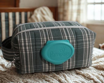 Sage Green Plaid Diaper Wipe Bag | Baby Bag Organizer, Toddler Essentials, Baby Shower Gift, Double Zipper Pouch