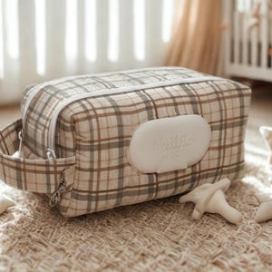 Neutral Plaid Diaper Wipe Bag - Double Zipper Baby Bag Organizer, Baby Shower, New Mom Gift, Diaper wipe pouch, tan brown green plaid