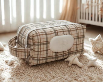 Neutral Plaid Diaper Wipe Bag - Double Zipper Baby Bag Organizer, Baby Shower, New Mom Gift, Diaper wipe pouch, tan brown green plaid