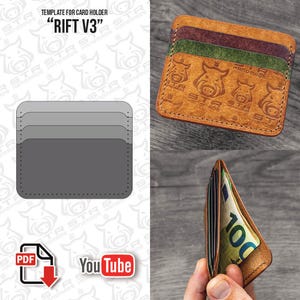 May include: A brown leather card holder with three card slots in shades of brown, green, and purple. The card holder is embossed with a pig logo and the text "STR HANDMADE". The image also shows a template for the card holder and a PDF and YouTube icon.