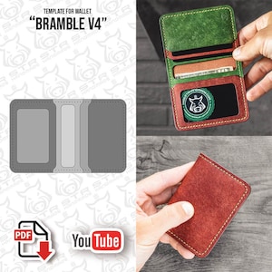 May include: A digital template for a Bramble V4 wallet featuring a PDF download icon and YouTube logo. The physical wallet is shown in two views: an open interior with green and red leather sections and a closed exterior in textured red leather.