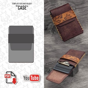 Könnte beinhalten: Ein brauner Lederkartenhalter mit dekorativem Riemen und gelben Nähten. Der Kartenhalter wird in mehreren Ansichten gezeigt, darunter eine Vorlage und eine Version mit Karten im Inneren. Der Text "TEMPLATE FOR CARD HOLDER" und "CASE" sind sichtbar.