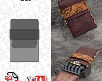 May include: A brown leather card holder with a decorative strap and yellow stitching. The card holder is shown in multiple views, including a template and a version with cards inside. The text "TEMPLATE FOR CARD HOLDER" and "CASE" are visible.
