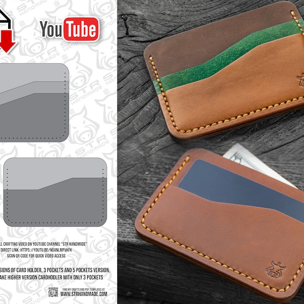 Minimalist leather 3slots card holder slim wallet digital PDF template pattern A4 US Letter size 8.5x11"