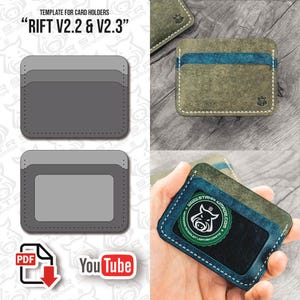 May include: A digital template for card holders titled RIFT V2.2 & V2.3, featuring gray diagrams of two card holder designs. The image also displays two physical card holders in olive green and blue leather with white stitching and a logo sticker.