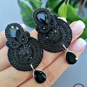 Black Soutache Earrings: Teardrop Gemstone Dangle Earrings