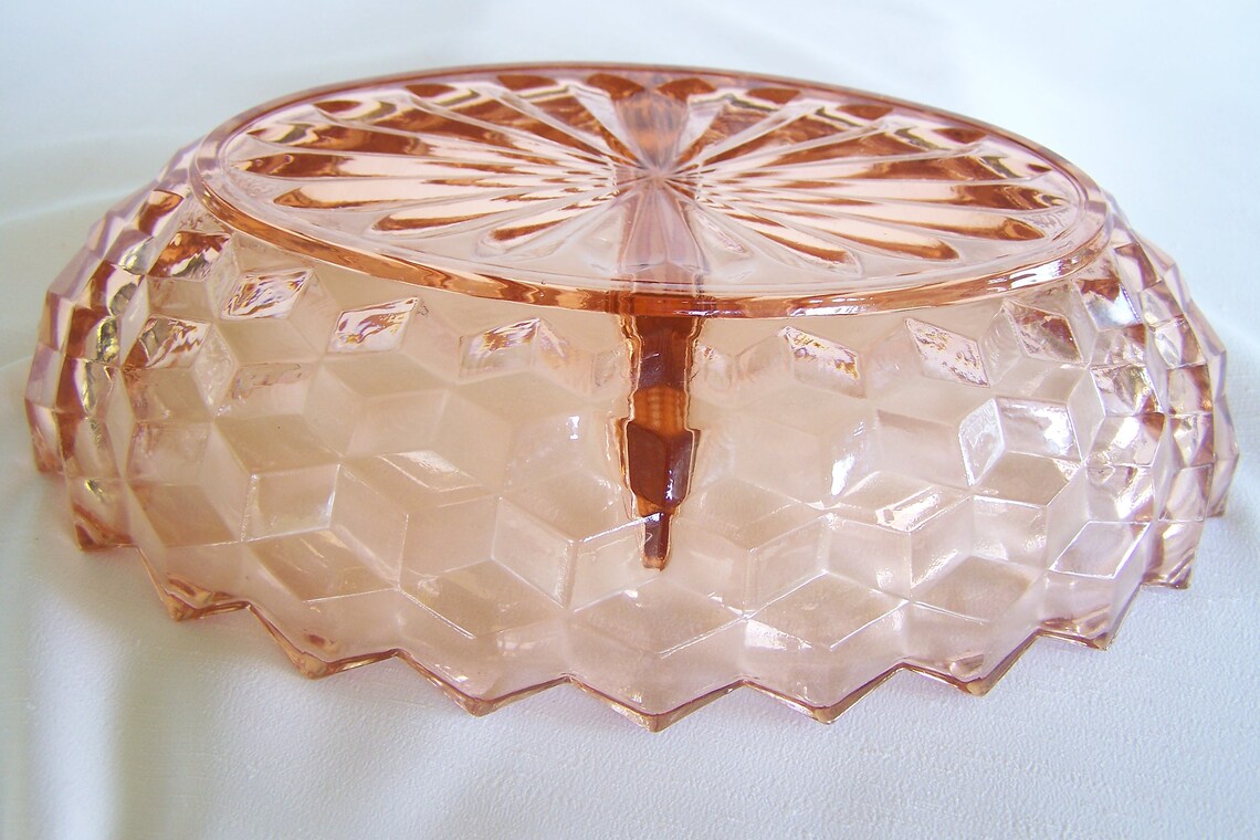 Very Nice Vintage Pink Depression Glass Divided Relish Dish in Cubist