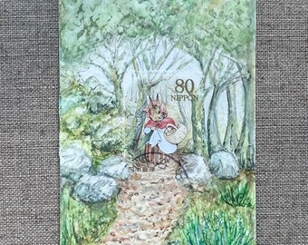 Mrs Rabbit Postage stamp made into an original small art ACEO size watercolour painting gift for baby shower or nursery decor