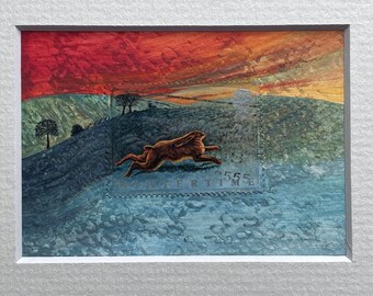 Hare on Yorkshire Moors, Hare Artwork, philately gift, postage stamp art, ooak ACEO original painting made with vintage postage stamp