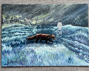 Fox Aceo size art made with upcycled postage stamp 1992 vintage stamp