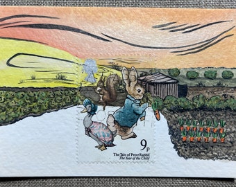 Peter Rabbit, Beatrix Potter, Postage Stamp art, ACEO Original, Jemima Puddleduck Painting, Nursery art, baby shower gift