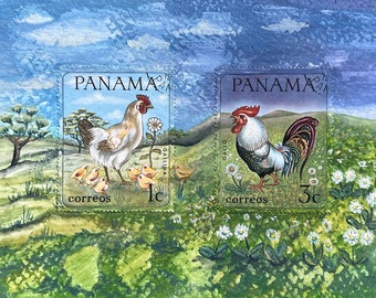 Original Art Farmyard Animals Paintings, Cow art, Pig art, Chicken and Cockerel art, postage stamp art, Panama stamps made into artwork 6x4