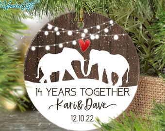 14th Anniversary Gift, Personalized Ivory Wedding Anniversary Ornament, 14th Years Wedding Elephant Christmas Ornament, 14 Anniversary Gift