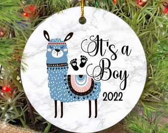 It's a Boy Ornament, Gender Reveal Baby Announcement Gift, 2023 Baby Birth Announcement, New baby Christmas Ornament, Cute Llama Ornament