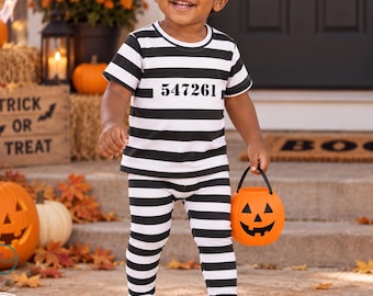 Prisoner Costume for Kids Black White Striped Shirt Leggings Halloween Outfit