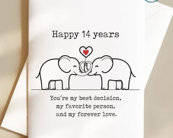 14th Wedding Anniversary Card Elephant Anniversary Fourteen Year Gift Ivory Celebration Romantic Love Design Marriage Milestone Relationship