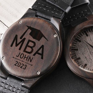 MBA Graduation Gift, Master of Business Administration Engraved Wood Leather Watch, Business School Graduation Gift For Him, MBA Gift Gifts