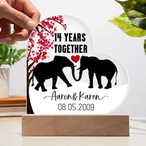 Ivory Wedding Gift 14th Anniversary Gift 14 Years Together Elephants Acrylic Plaque Heart With Wood Base 14th Wedding Anniversary Love Gift