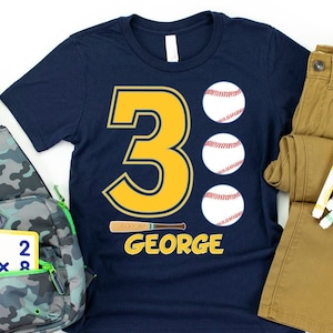 PERSONALIZED 3rd Birthday Shirt, Baseball Birthday Shirt, Toddler Boy Sports 3 Year Old Birthday Tee, Three Birthday Happy Birthday Outfit