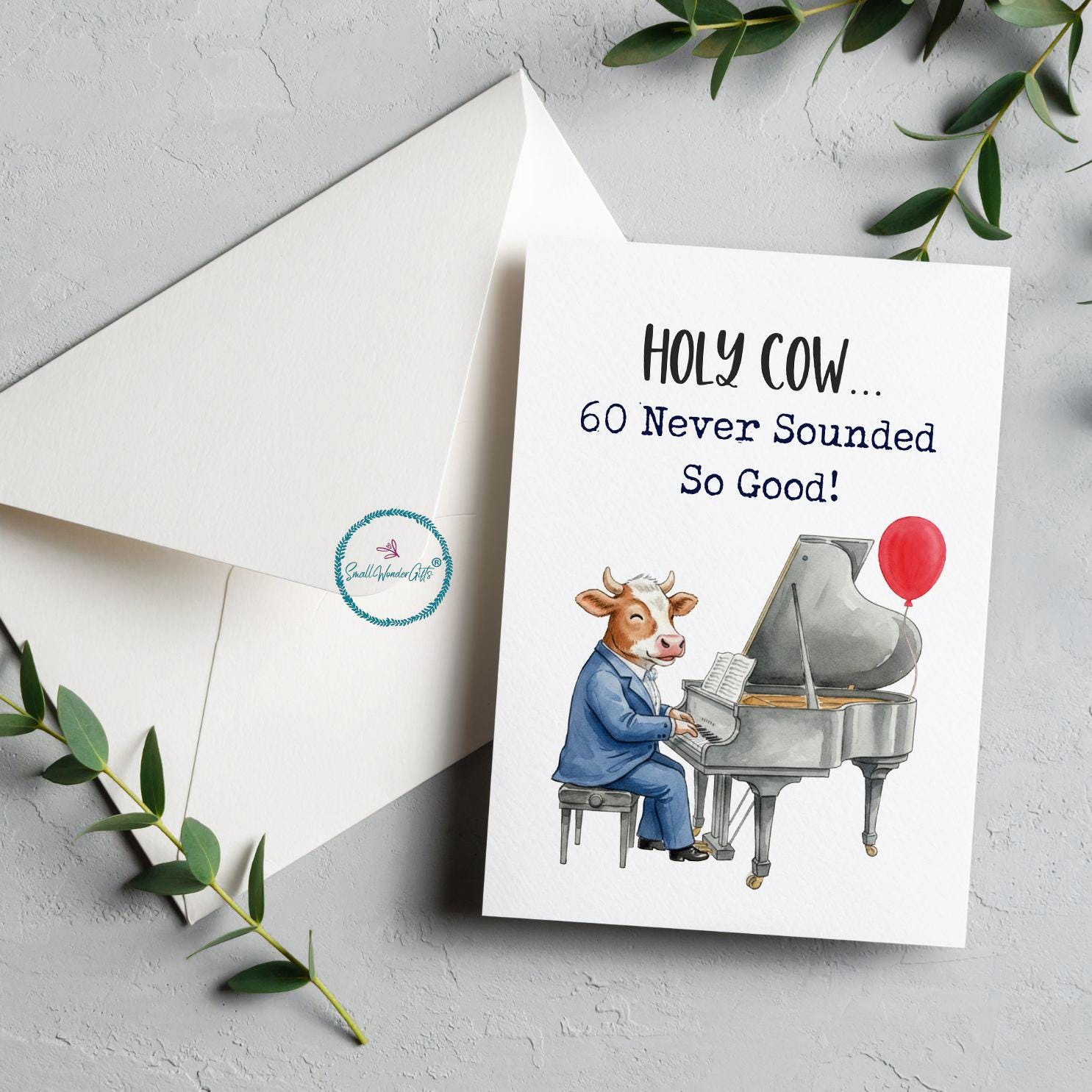 60th Birthday Card Funny Cow Cards Piano Lover Pun Greeting for Men Dad ...