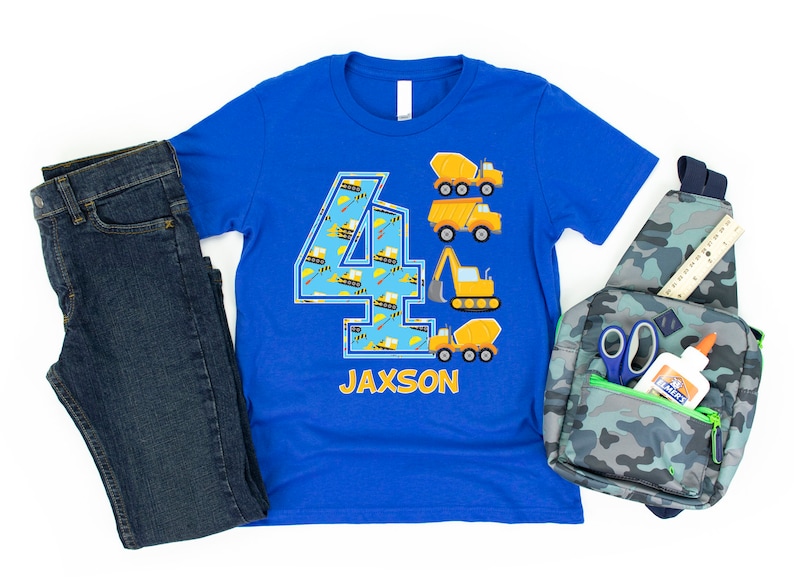 PERSONALIZED Construction Birthday Shirt, 4 Year Old Birthday Boy Outfit, 4th Birthday Shirt, Four Birthday Toddler Happy Birthday Outfit Royal Blue