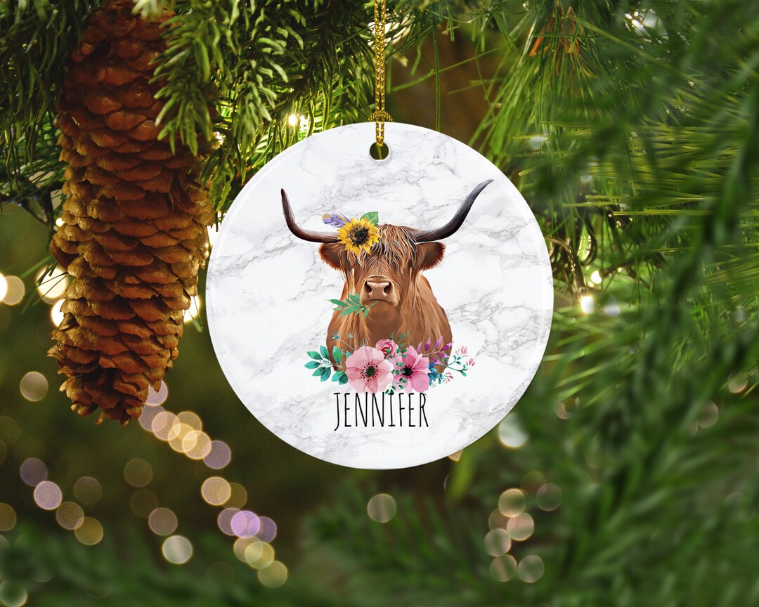Highland Cow Ornament, Flower Cow Ornament, Personalized Christmas Tree Ornament, Scottish Cow