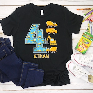 PERSONALIZED Construction Birthday Shirt, 4 Year Old Birthday Boy Outfit, 4th Birthday Shirt, Four Birthday Toddler Happy Birthday Outfit Black