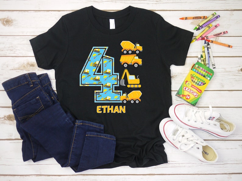 PERSONALIZED Construction Birthday Shirt, 4 Year Old Birthday Boy Outfit, 4th Birthday Shirt, Four Birthday Toddler Happy Birthday Outfit Black