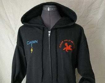 Percy Jackson Camp Half-Blood Zip-up Hooded Sweatshirt With Left and Right Embroidery (Adult Size)- FREE U.S. SHIPPING