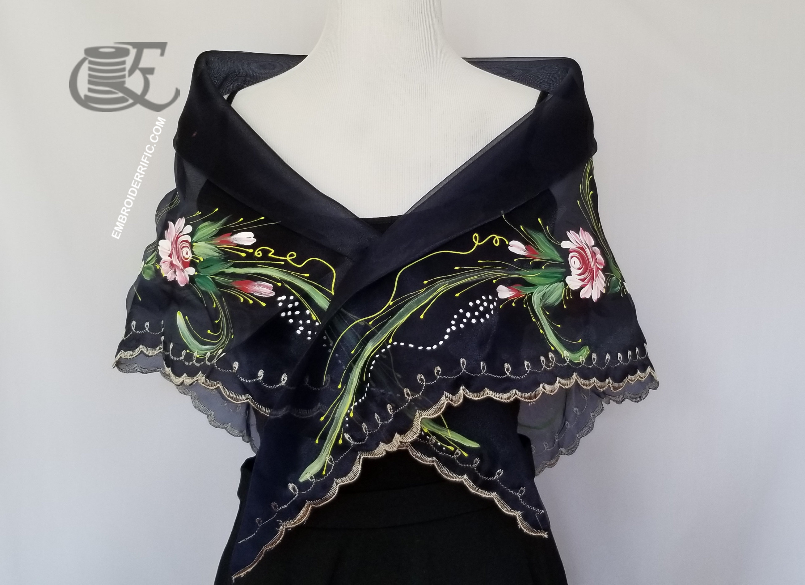 Handpainted Embroidered Alampay Panuelo Spanish Shawl Traditional Maria Clara Filipiniana Attire Brand New FREE U.S. Shipping