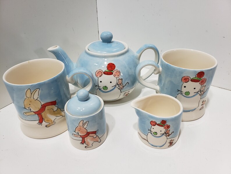 2004 Whittard of Chelsea Jane Massey Fine China Teapot Mugs Cream