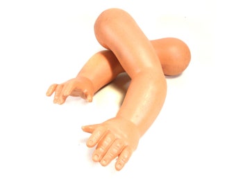 May include: A pair of realistic-looking, flesh-toned, doll arms with hands. The arms are bent at the elbows and the hands are open.