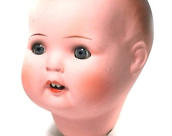 Antique Composition Doll Head: 1920s Thuringia Germany, Blue Glass Eyes