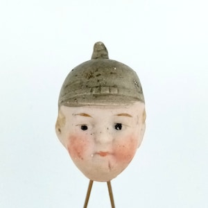 Antique WW1 Boy Dolls head, Dollhouse doll head, bisque porcelain, antique Hertwig Katzhutte  Thuringia Dolls, 1.55, molded Hat